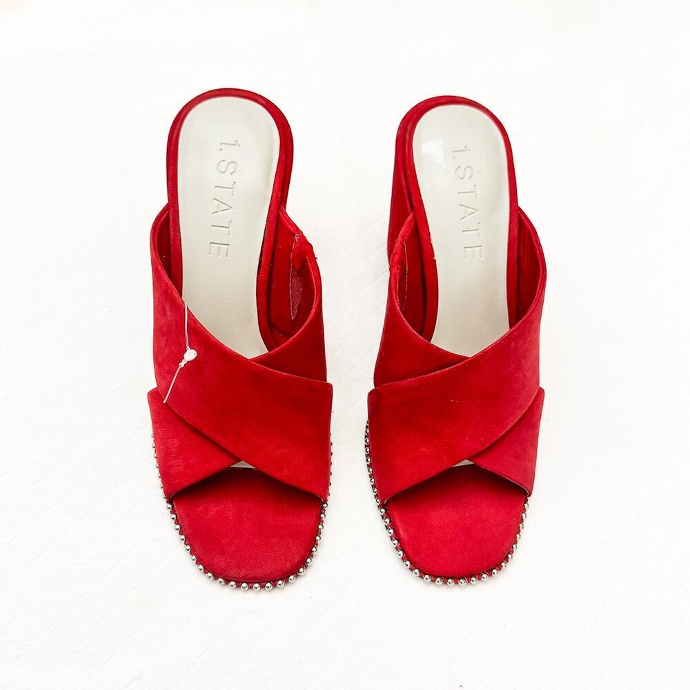 1 State Red Criss Cross Open Toe Studded Mule Heeled Shoes Size 7.5 NWOB